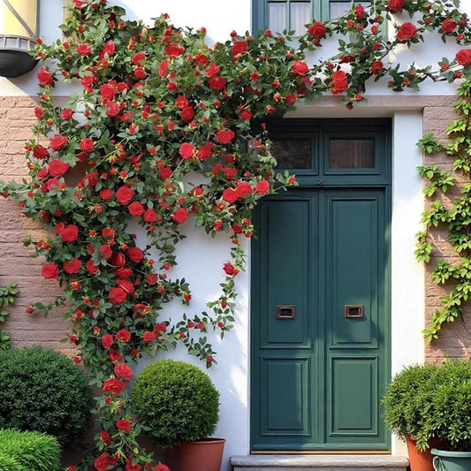 Artificial Red Rose Climbing Garland by RusticReach lush green leaves and red blooms on Tampa Home & Garden Store