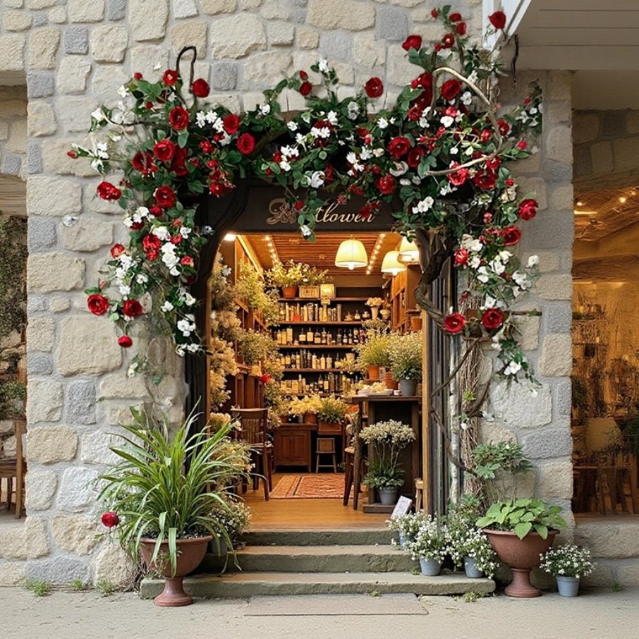 Artificial Red Rose Climbing Garland for Walls by RusticReach decorates a stone doorway arch on Tampa Home & Garden Store