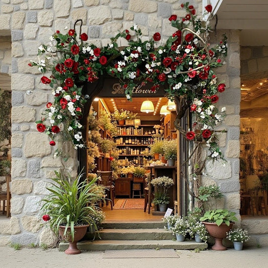Artificial Red Rose Climbing Garland for Walls by RusticReach decorates a stone doorway arch on Tampa Home & Garden Store