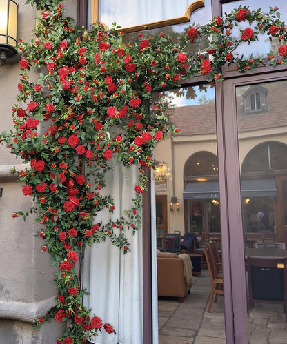 Artificial Red Rose Climbing Garland with green foliage around doorway and window RusticReach on Tampa Home & Garden Store