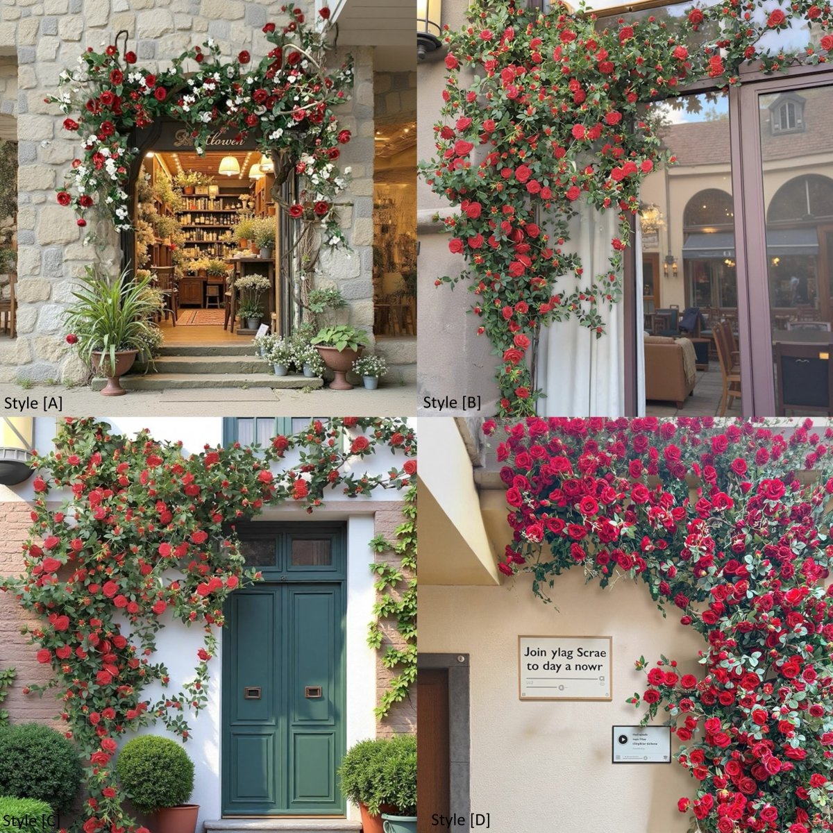 Artificial Red Rose Climbing Garland for Walls by RusticReach; four style displays on arches on Tampa Home & Garden Store