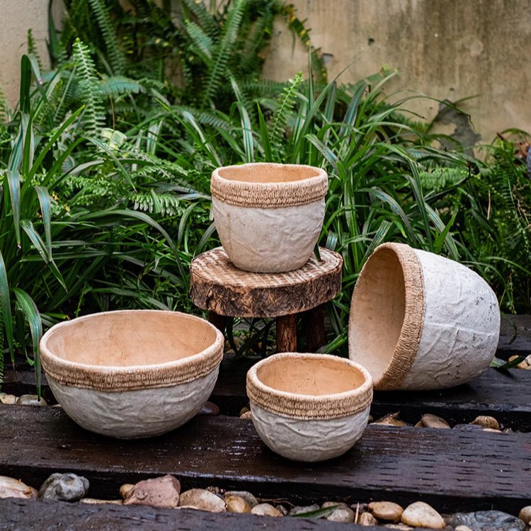 Rattan Pattern Edge Cement Planters set of five in beige cement, outdoor display on Tampa Home & Garden Store