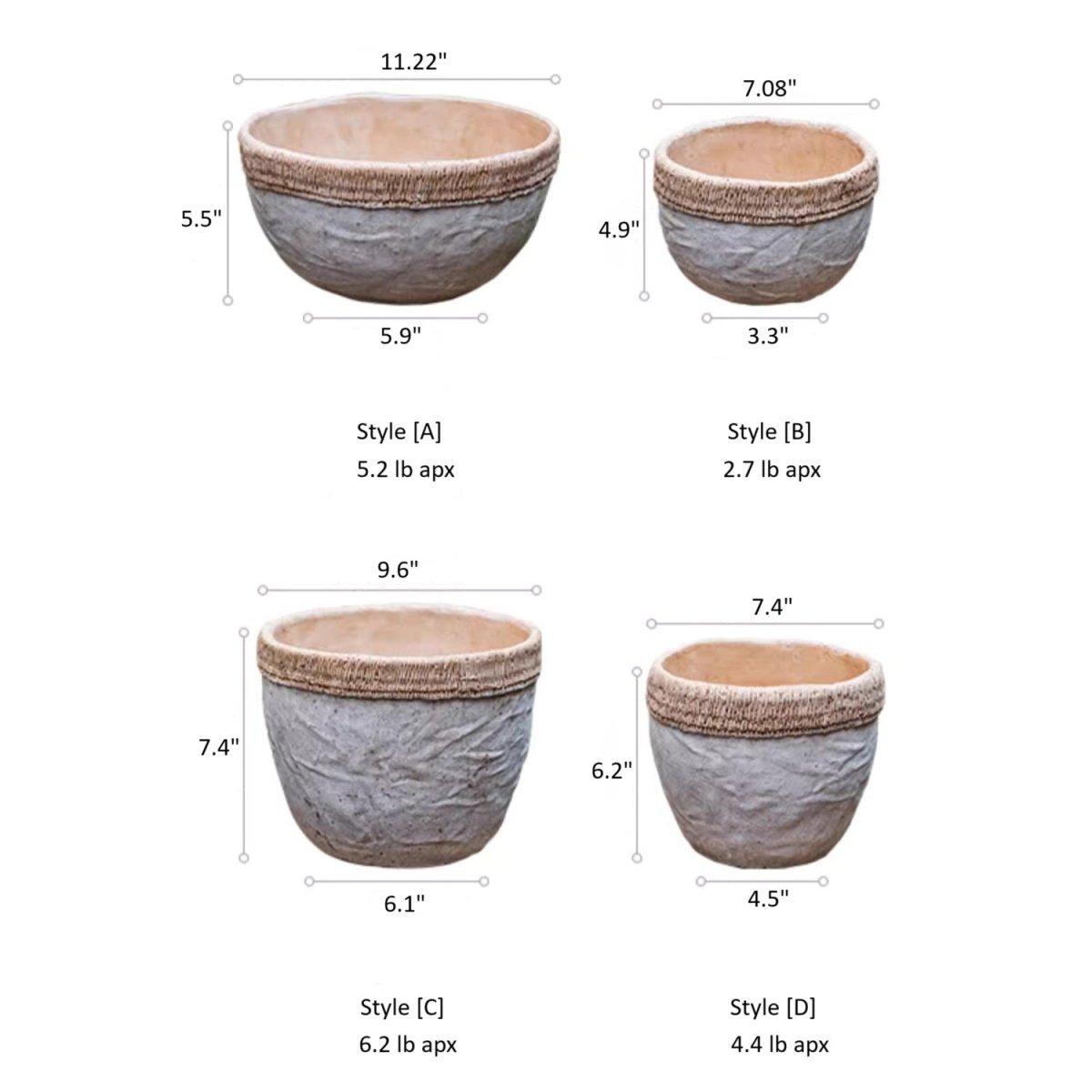 RusticReach Rattan Pattern Edge Cement Planters in gray cement with tan rattan edging on Tampa Home & Garden Store