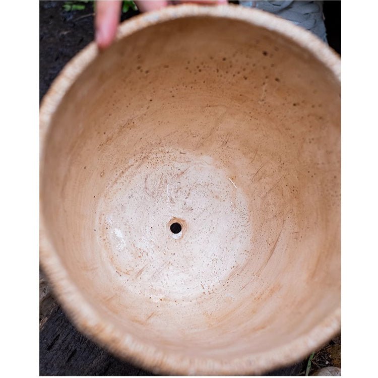 Rattan Pattern Edge Cement Planter cement pot with woven rim drainage hole by RusticReach on Tampa Home & Garden Store