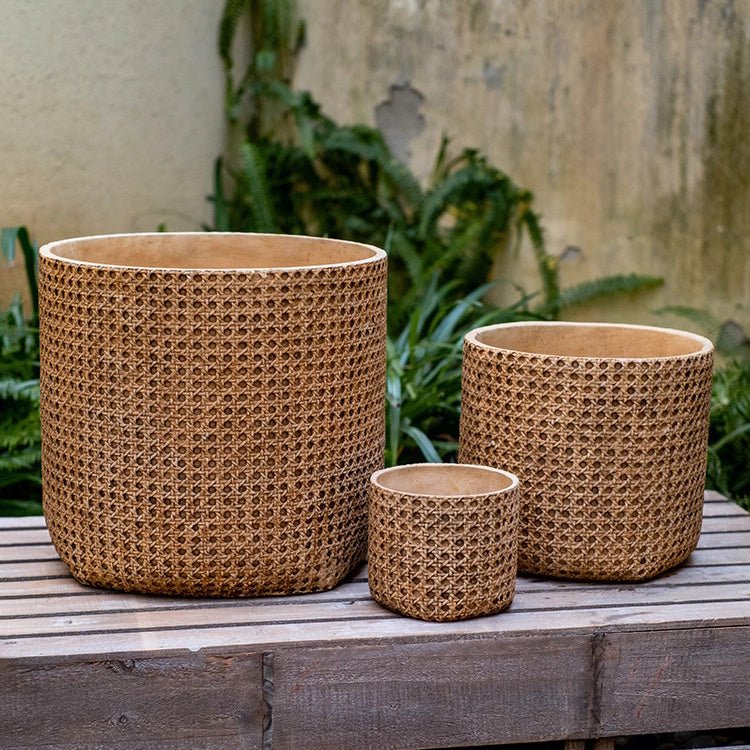 Rattan Texture Cement Planter set of three in varying sizes by RusticReach on Tampa Home & Garden Store