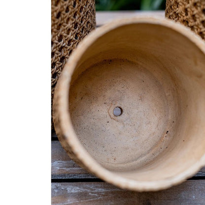 Rattan texture cement planter by RusticReach, cylindrical interior with drainage hole on Tampa Home & Garden Store
