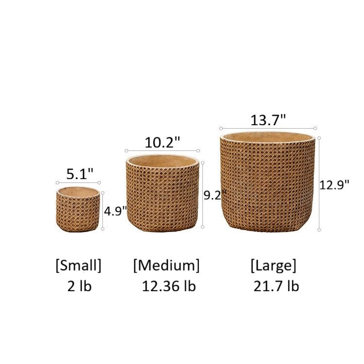Rattan Texture Cement Planter set by RusticReach; three sizes in woven brown finish on Tampa Home & Garden Store