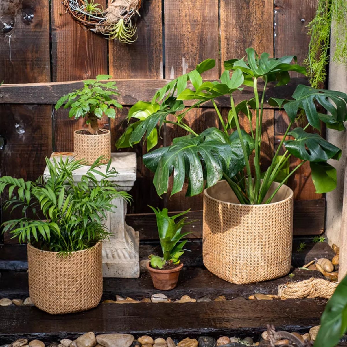 Rattan texture cement planters set of 4 in natural beige with woven pattern RusticReach on Tampa Home & Garden Store
