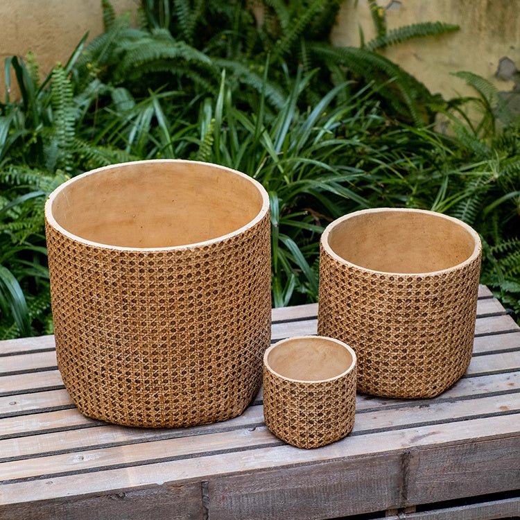 Rattan Texture Cement Planter set of 3 in natural beige by RusticReach on Tampa Home & Garden Store