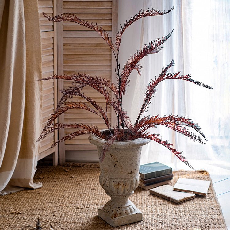 Tall artificial fern stem 48-inch RusticReach, red-brown fronds in urn planter on Tampa Home & Garden Store