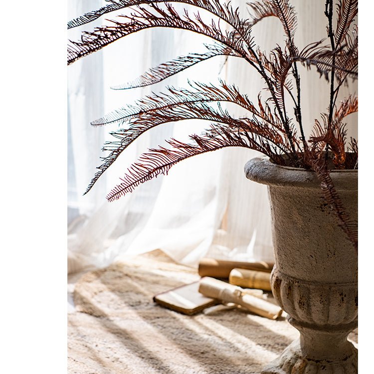 Tall artificial fern leaf stem 48in copper-brown tones in a stone urn planter RusticReach on Tampa Home & Garden Store