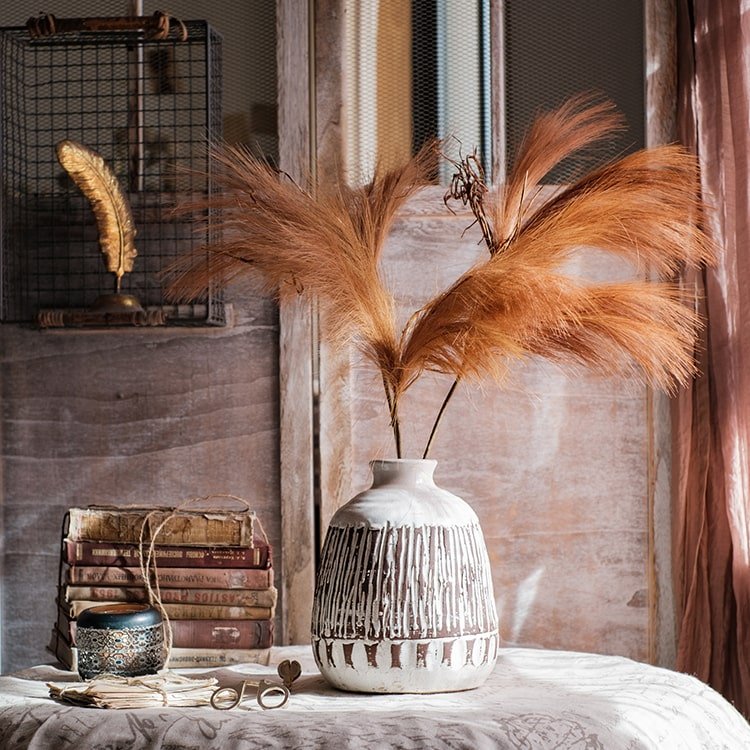 Faux reed grass stems, two orange-brown, 30 inches tall, RusticReach in a ceramic vase on Tampa Home & Garden Store