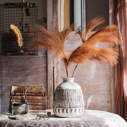 Faux reed grass stems, two orange-brown, 30 inches tall, RusticReach in a ceramic vase on Tampa Home & Garden Store