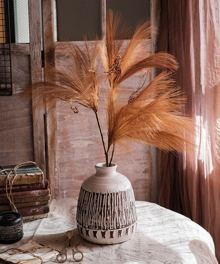 Faux reed grass stems in tan brown hues arranged in a ceramic vase, 30 inches tall on Tampa Home & Garden Store