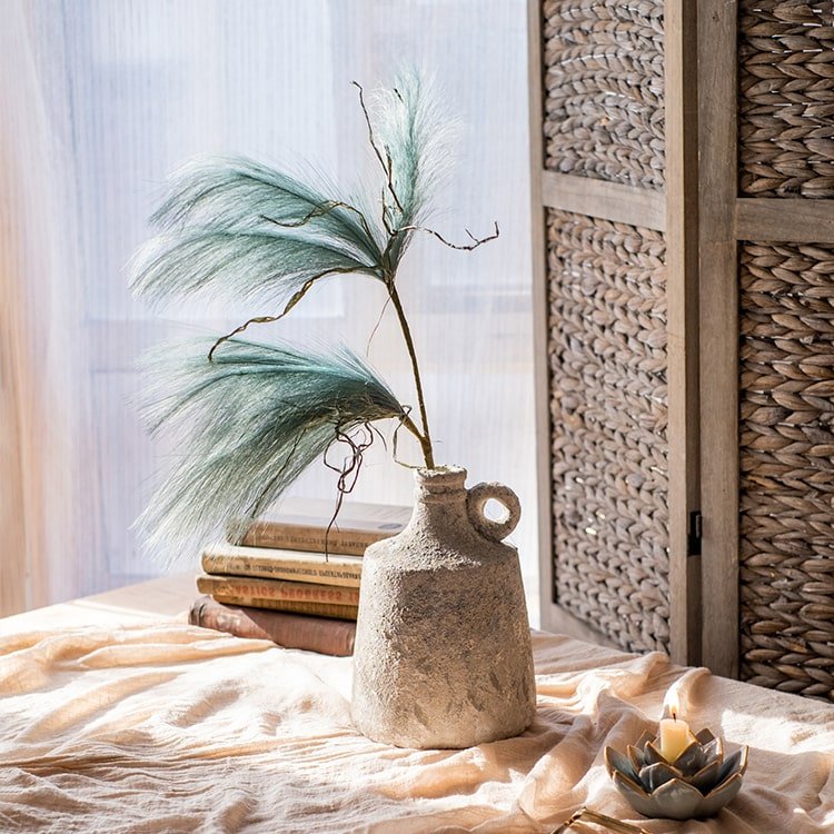 Faux reed grass stems in green, two 30-inch stems, RusticReach, in a ceramic bottle vase on Tampa Home & Garden Store