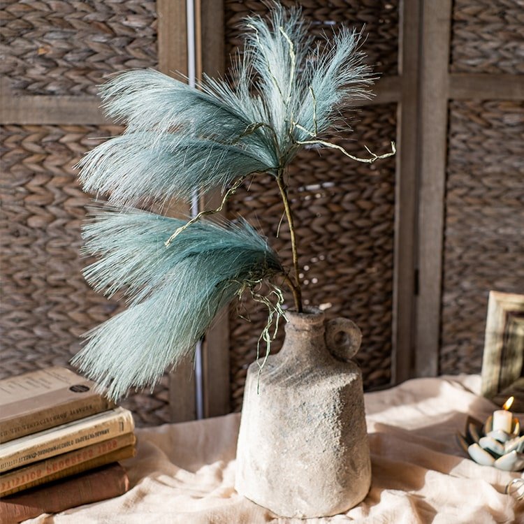 Faux Reed Grass stem in green, 30" tall, RusticReach, in a rustic ceramic vase on Tampa Home & Garden Store