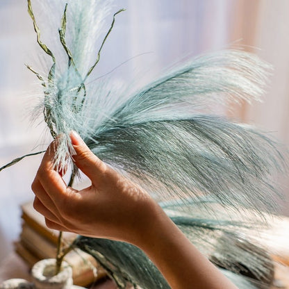 Faux reed grass stem in green with pale blue plumes, 30 inches tall, RusticReach on Tampa Home & Garden Store