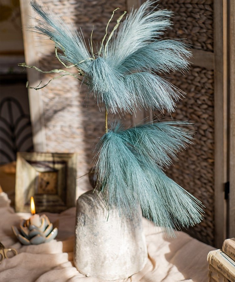RusticReach Faux Reed Grass Stem, green-blue plumes, 30 in tall in a stone vase on Tampa Home & Garden Store