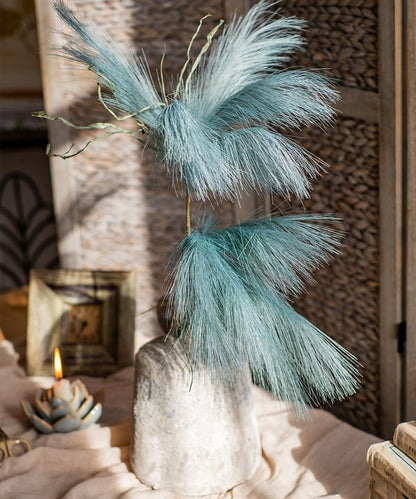 RusticReach Faux Reed Grass Stem, green-blue plumes, 30 in tall in a stone vase on Tampa Home & Garden Store