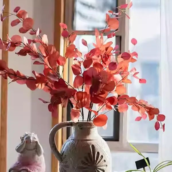 Round Leaf Eucalyptus Stem 44 inches tall artificial red-orange leaves in a vase RusticReach on Tampa Home & Garden Store
