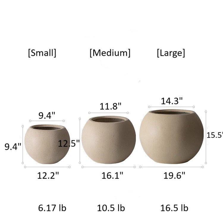 Round magnesium clay planter in small, medium, large sizes with beige finish on Tampa Home & Garden Store