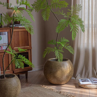 Round Magnesium Clay Planters by RusticReach, bronze-gold finish (2) with lush fern plants on Tampa Home & Garden Store