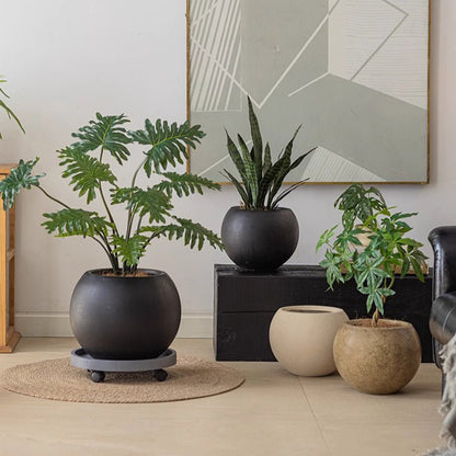 Round Magnesium Clay Planter in black by RusticReach on rolling base with planters nearby on Tampa Home & Garden Store