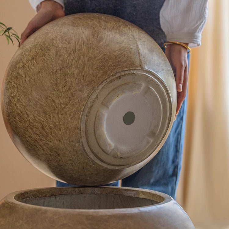 Round Magnesium Clay Planter by RusticReach; large spherical planter with rustic tan glaze on Tampa Home & Garden Store