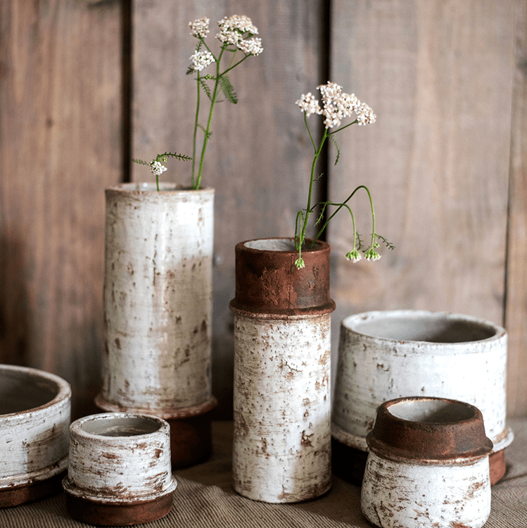 Restoration Ceramic Planter Vase by RusticReach, white and rust cylinders with flowers on Tampa Home & Garden Store