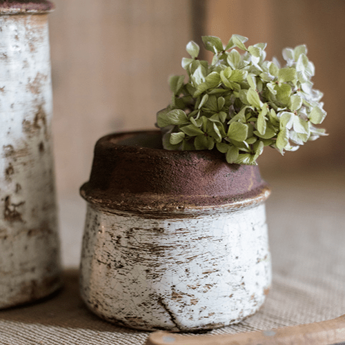 Restoration ceramic planter vase by RusticReach with white glaze and brown rim with green plant on Tampa Home & Garden Store