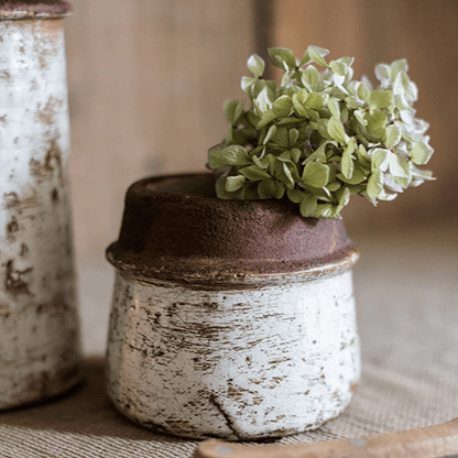 Restoration ceramic planter vase by RusticReach with white glaze and brown rim with green plant on Tampa Home & Garden Store