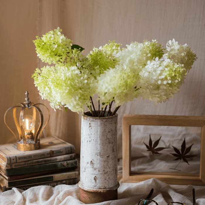 Restoration Ceramic Planter Vase with distressed glaze and white-green hydrangea blooms on Tampa Home & Garden Store