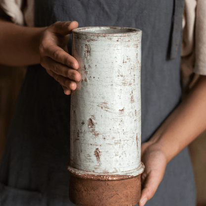 Restoration ceramic planter vase with distressed white glaze and terracotta base on Tampa Home & Garden Store