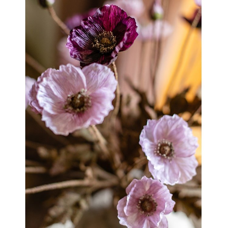 Faux Silk Rustic Poppy Flower Stem with four pink-purple blooms, 23in tall, RusticReach on Tampa Home & Garden Store
