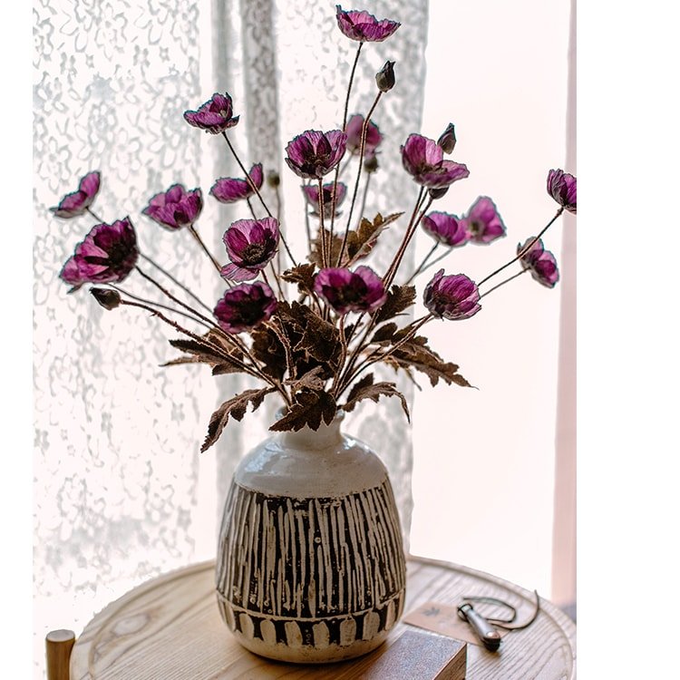 Faux Silk Rustic Poppy Flower Stem Purple, 23 inches tall, RusticReach brand in ceramic vase on Tampa Home & Garden Store