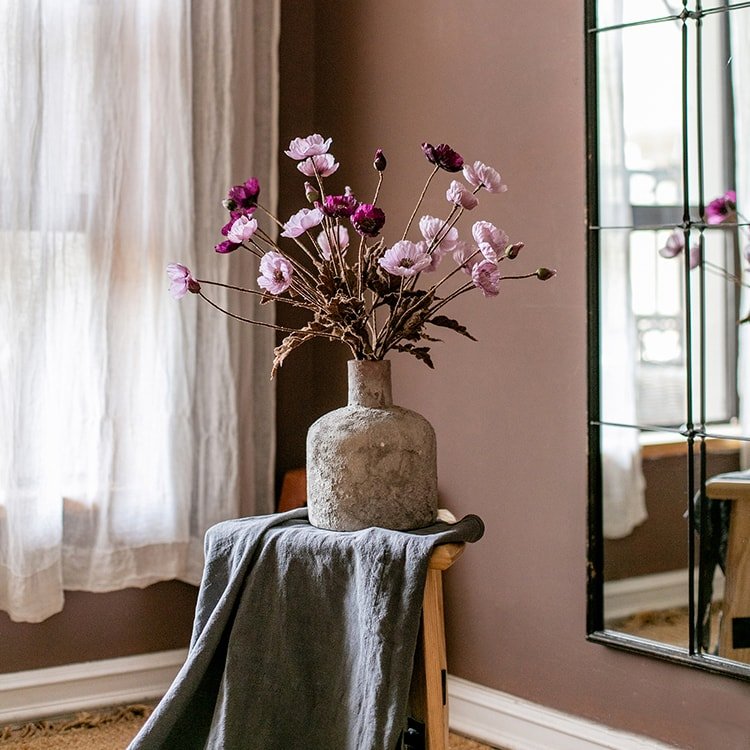 Faux Silk Rustic Poppy Flower Stem in Purple, 23in tall, RusticReach in a gray vase on Tampa Home & Garden Store