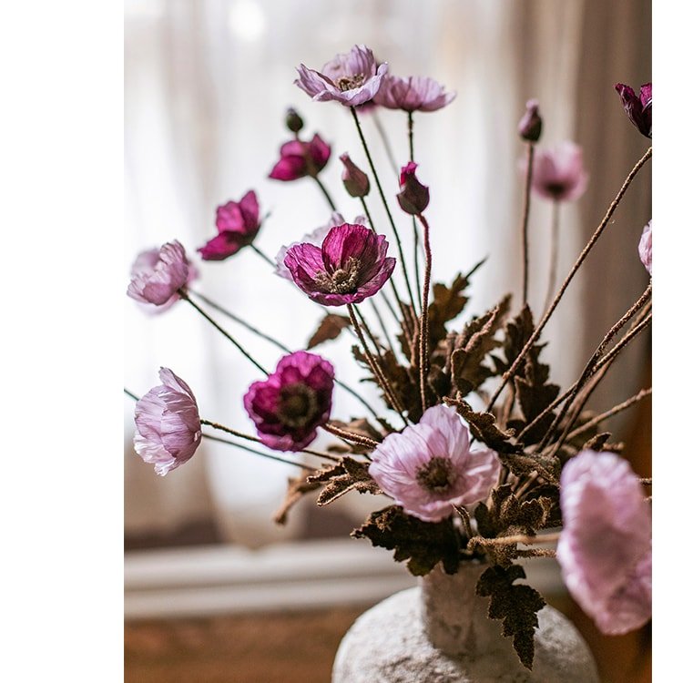Faux Silk Rustic Poppy Flower Stem in Purple, 23in tall, purple silk blooms in vase on Tampa Home & Garden Store
