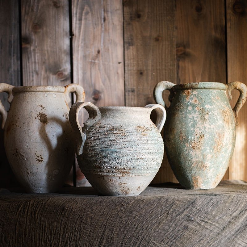 Restoration Ancient Jar planters in three aged stoneware styles with double handles RusticReach on Tampa Home & Garden Store