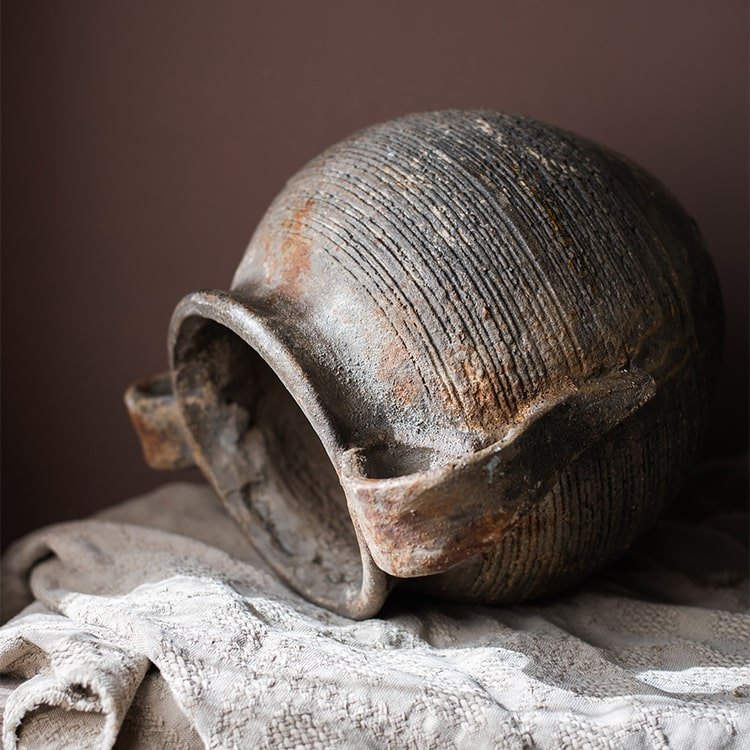 Restoration ancient jar planter in rustic stoneware with ribbed texture by RusticReach on Tampa Home & Garden Store