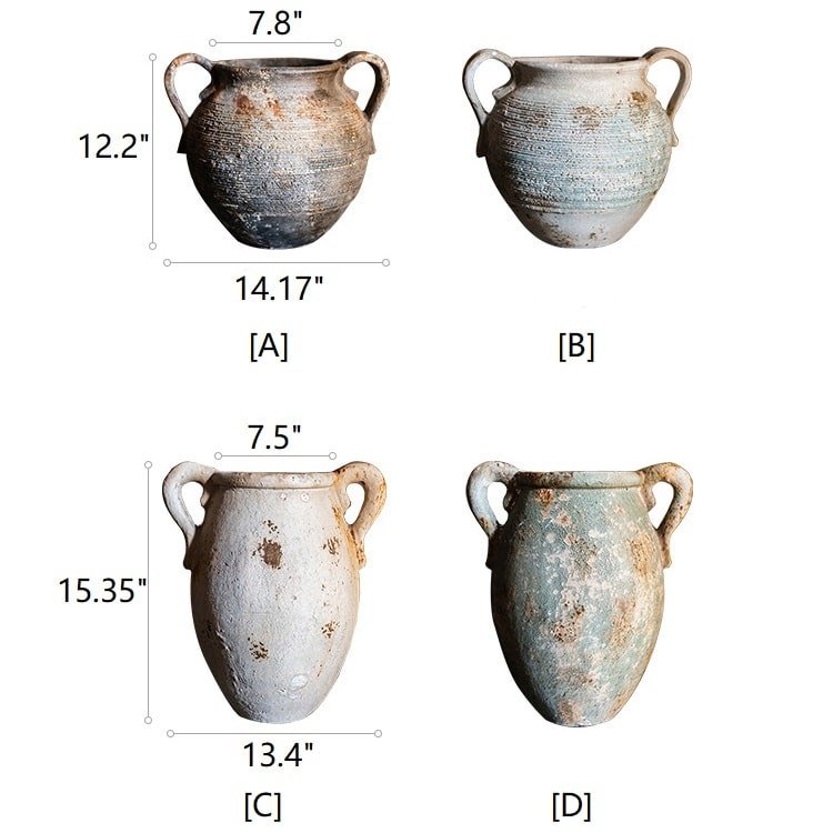 Restoration Ancient Jar planters set of 4 in distressed ceramic with twin handles brown/blue-gray on Tampa Home & Garden Store