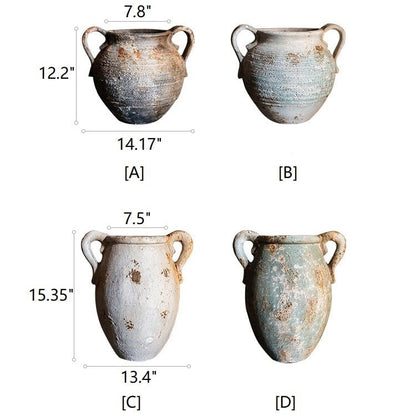 Restoration Ancient Jar planters set of 4 in distressed ceramic with twin handles brown/blue-gray on Tampa Home & Garden Store
