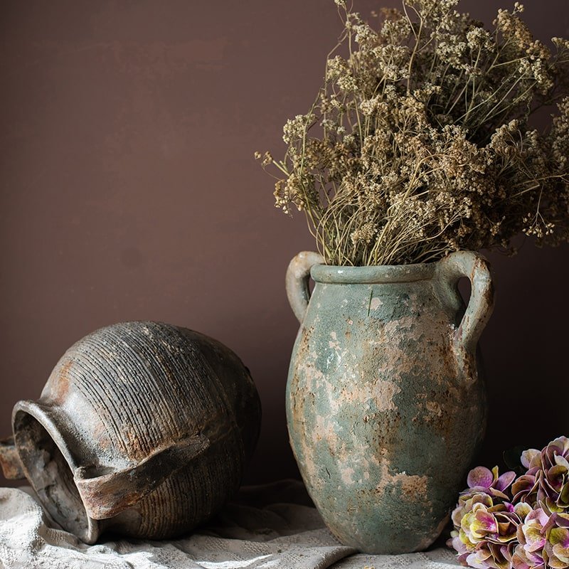 RusticReach Restoration Ancient Jar planter with green distressed ceramic and twin handles on Tampa Home & Garden Store