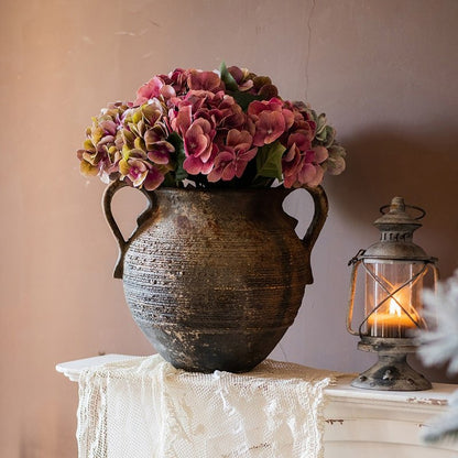 Restoration Ancient Jar planter by RusticReach with weathered ceramic and pink hydrangea blooms on Tampa Home & Garden Store