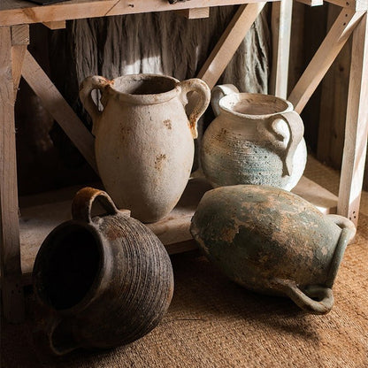 Restoration Ancient Jar planters, four weathered ceramic jars with handles on wooden shelf on Tampa Home & Garden Store