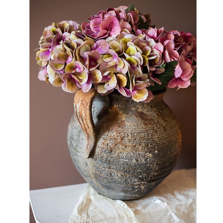 Restoration Ancient Jar planter with pink hydrangeas in rustic ceramic by RusticReach on Tampa Home & Garden Store