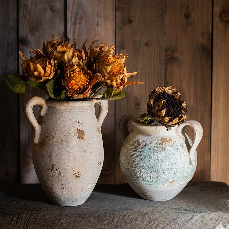 Restoration Ancient Jar planters two jars with dried flowers; white and blue glaze on Tampa Home & Garden Store