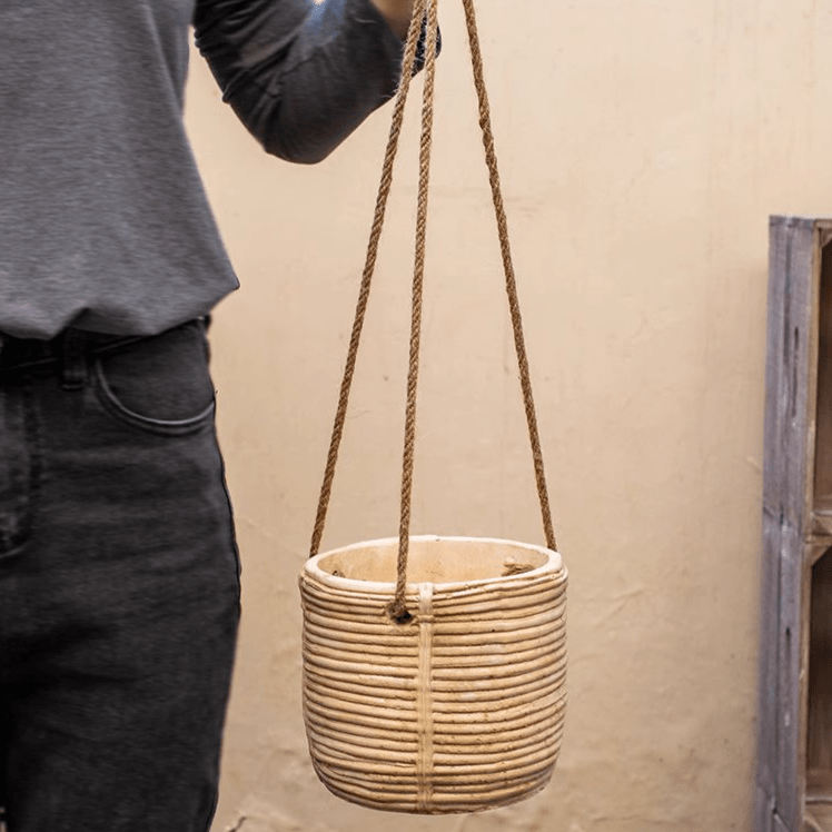 Faux Rattan Cement Hanging Planter by RusticReach, beige woven pot with three jute ropes on Tampa Home & Garden Store