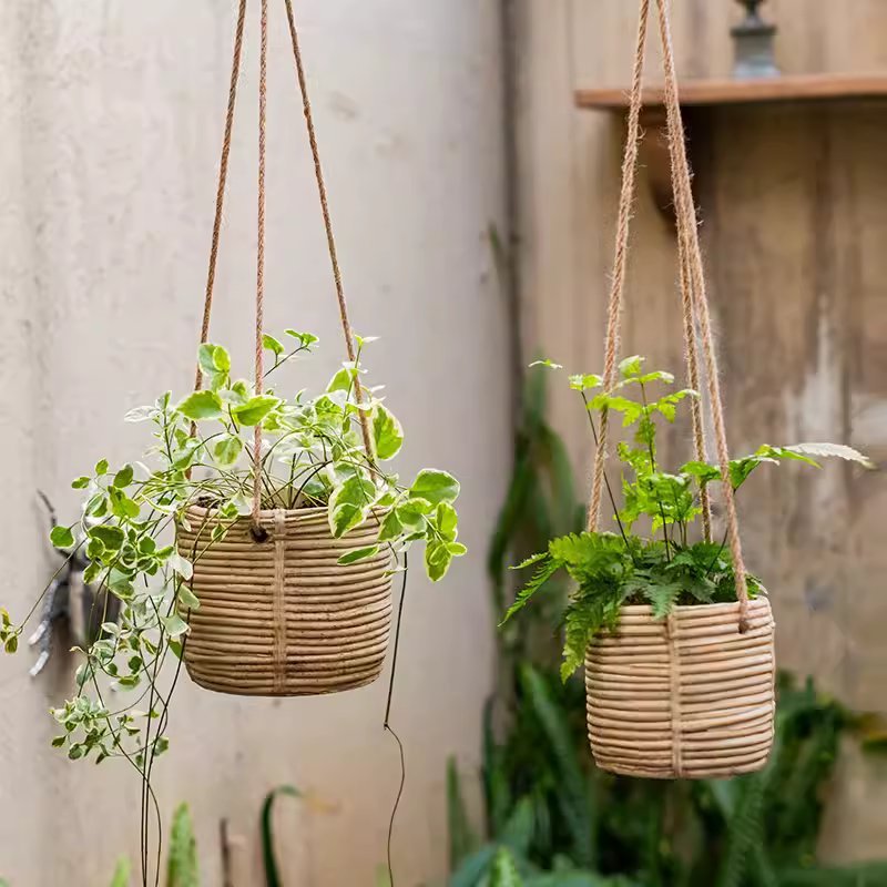 Faux Rattan Cement Hanging Planters by RusticReach with beige baskets and green vines, two on Tampa Home & Garden Store