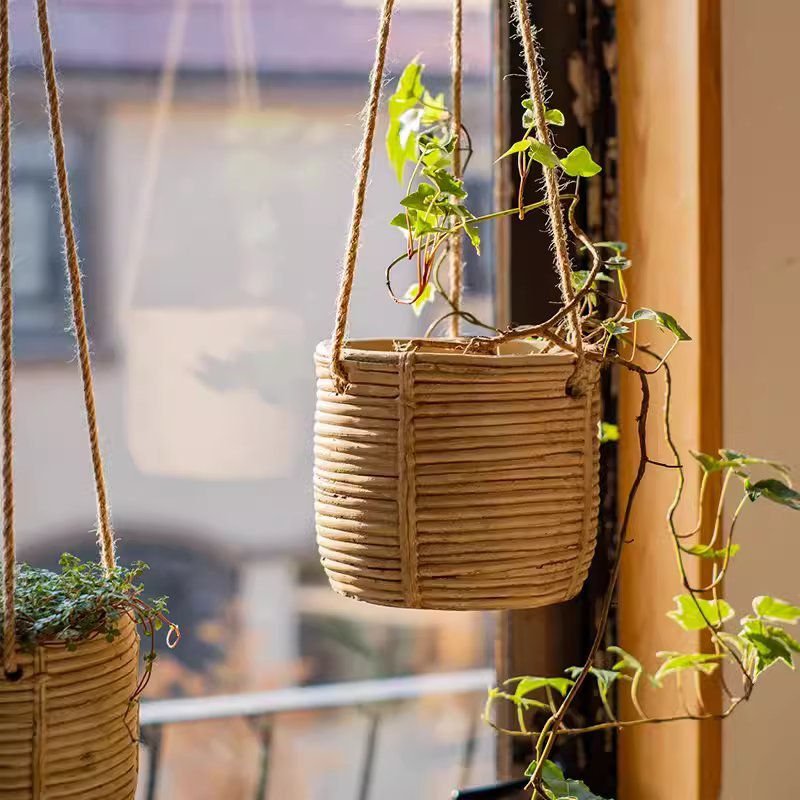 RusticReach Faux Rattan Cement Hanging Planter, natural tan, 2-pack on Tampa Home & Garden Store