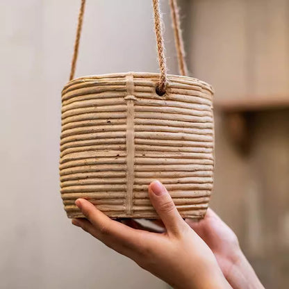 Faux Rattan Cement Hanging Planter RusticReach beige ribbed texture with a jute hanger on Tampa Home & Garden Store